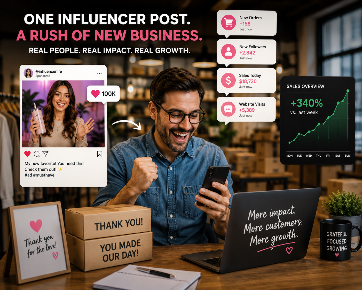 A business owner celebrating a surge in orders after an influencer post